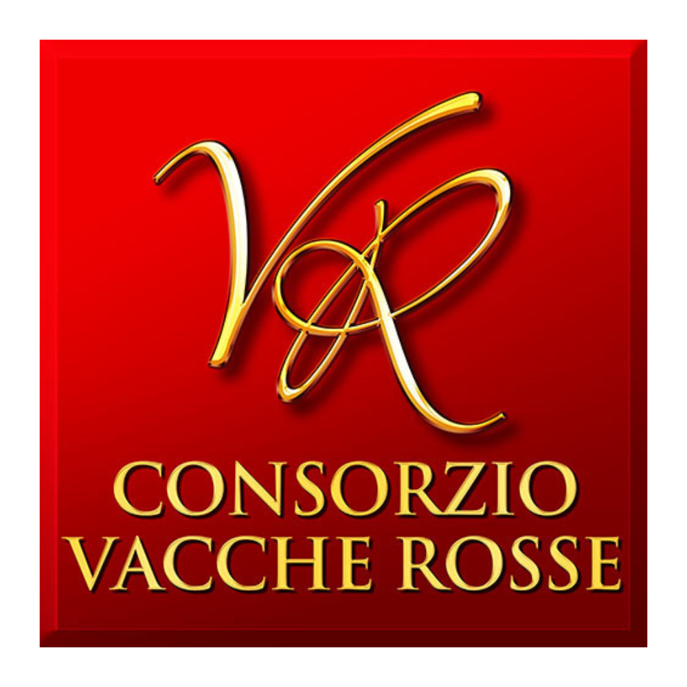 Elegant logo of the Consorzio Vacche Rosse on a red background, with gold lettering that evokes tradition and quality.